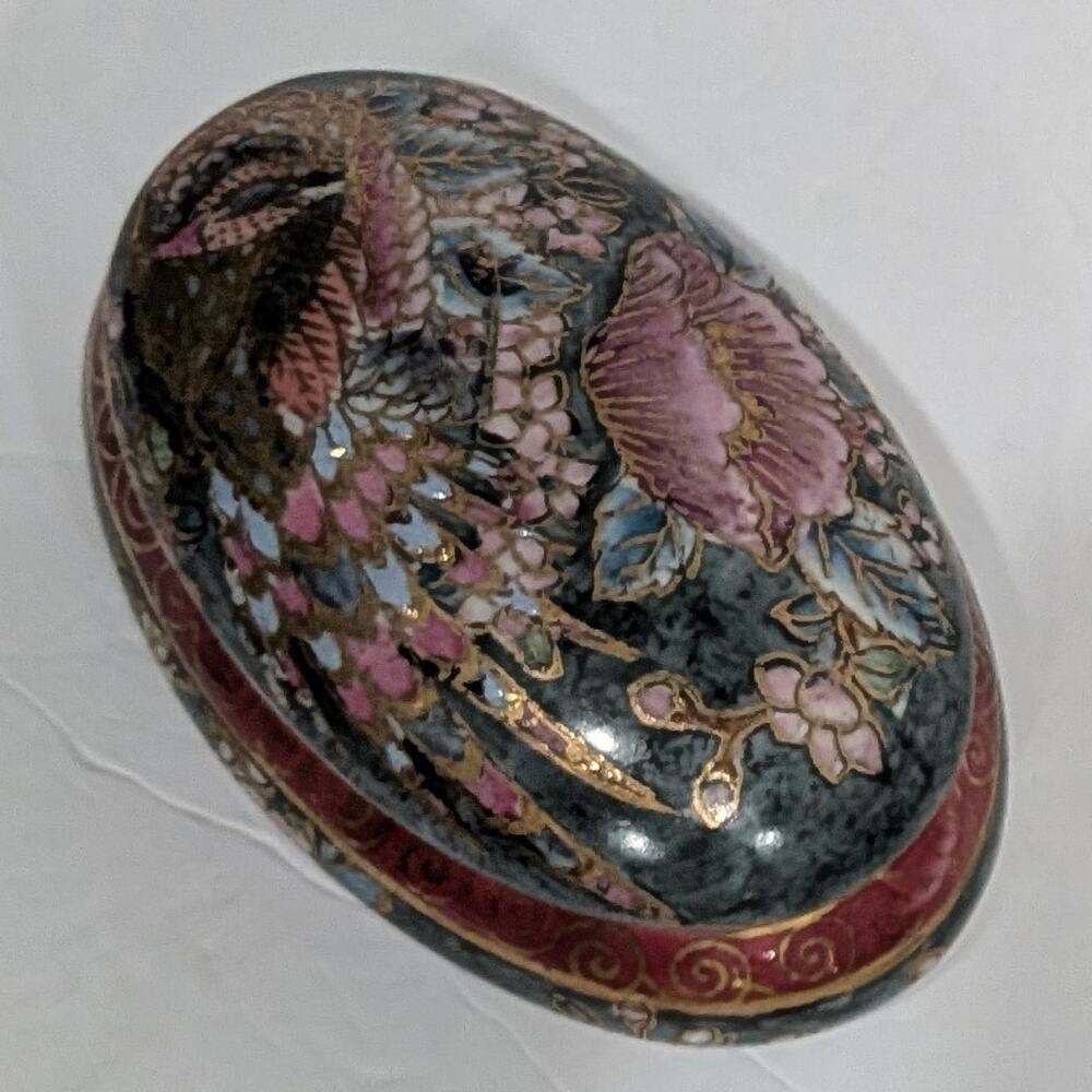 Vintage Chinese Porcelain Trinket Box Floral Peacock Lidded Jewelry Dish Gilt